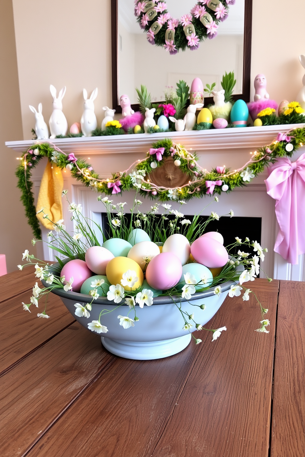 A beautifully arranged bowl filled with decorated eggs in various pastel colors sits on a rustic wooden table. Surrounding the bowl are delicate spring flowers, enhancing the festive and cheerful atmosphere of the setting. The mantel is adorned with an array of Easter decorations, including charming bunnies and colorful garlands. Soft lighting casts a warm glow over the display, creating an inviting and joyful ambiance for the holiday.