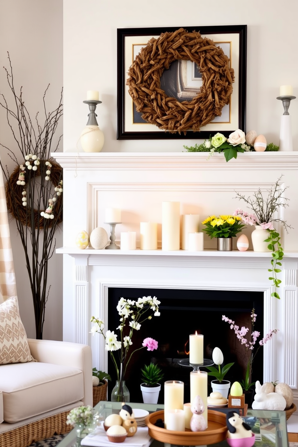 A cozy living room setting filled with seasonal scents from candles and diffusers. The mantel is adorned with pastel-colored decorations, including decorative eggs and spring flowers, creating a cheerful atmosphere. The fireplace is framed with a soft white mantel, showcasing an arrangement of candles in varying heights. Surrounding the candles are small potted plants and seasonal decor that evoke the spirit of Easter.