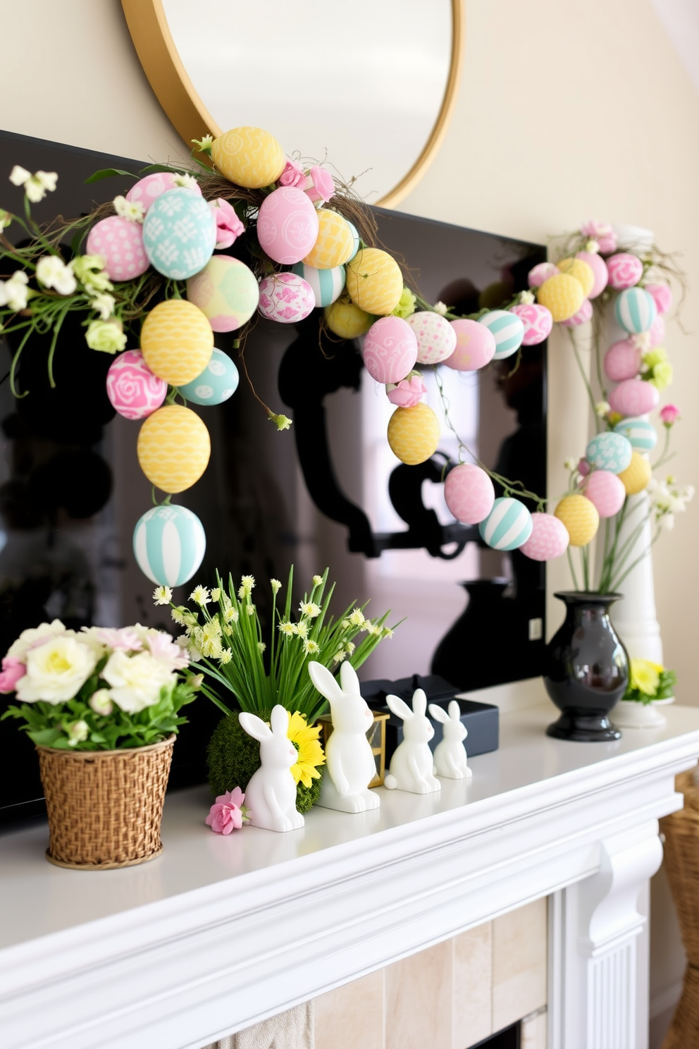 A vibrant Easter egg garland elegantly drapes across the mantel, showcasing a variety of pastel colors and intricate patterns. The mantel is adorned with seasonal decorations, including fresh spring flowers and charming bunny figurines to create a festive atmosphere.