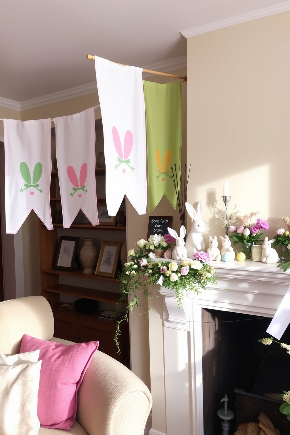 A cozy living room adorned with hanging fabric banners featuring colorful Easter motifs. The banners gently sway in the breeze, adding a festive touch to the warm atmosphere. The mantel is beautifully decorated with an assortment of Easter-themed decor. Delicate pastel eggs, spring flowers, and charming bunnies create a cheerful focal point above the fireplace.