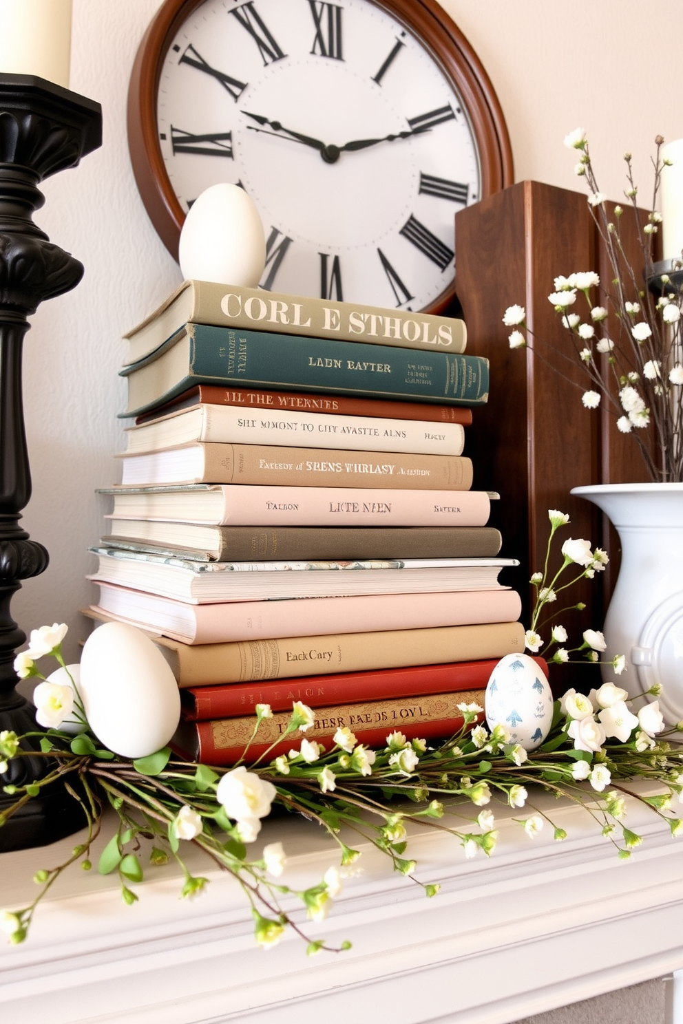 A festive Easter banner drapes elegantly across the mantel, showcasing pastel colors and playful designs. The mantel is adorned with decorative eggs, fresh flowers, and whimsical bunnies, creating a cheerful holiday atmosphere.