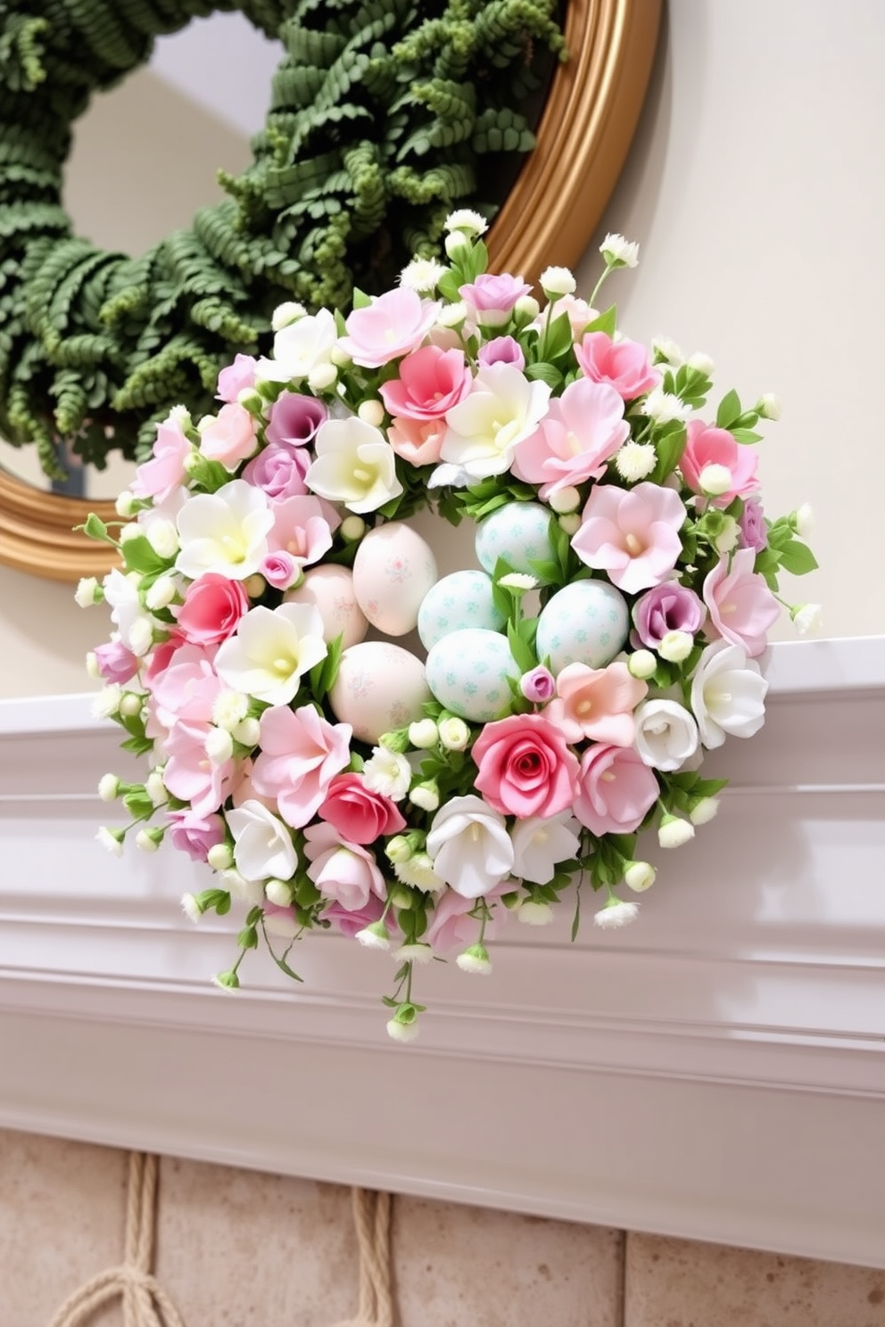 A charming mantel adorned with vintage books stacked neatly alongside decorative accents. Soft pastel colors dominate the Easter theme, featuring delicate flowers and whimsical ornaments nestled among the books.