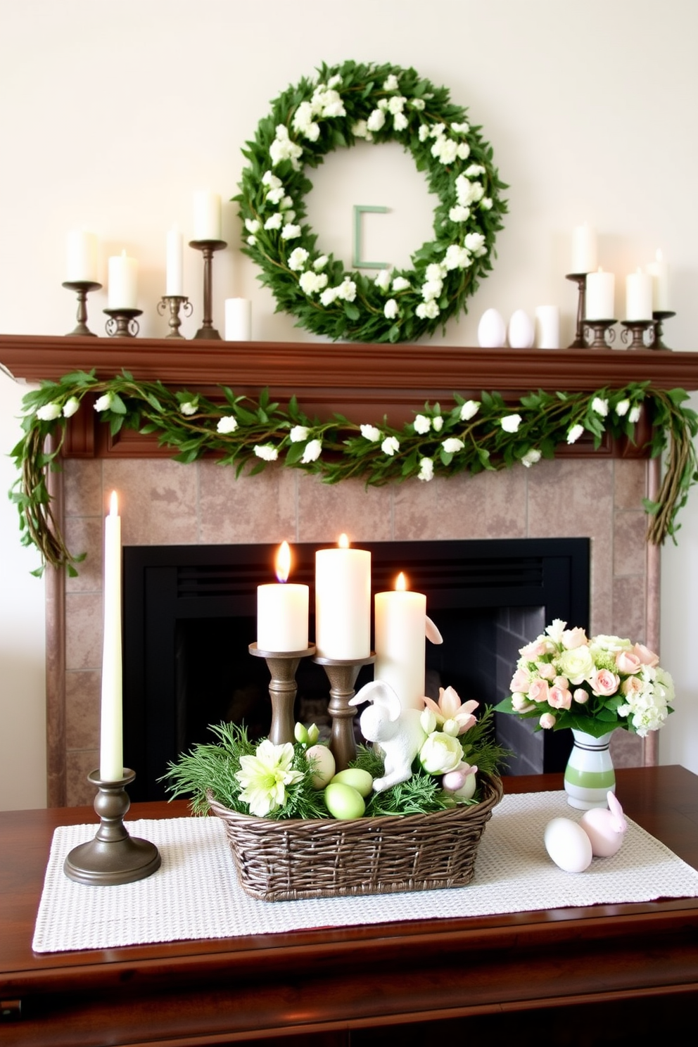 Create a cozy living room setting featuring a mantel decorated for Easter. Arrange candles of varying heights on the mantel to create a warm ambiance, complemented by pastel-colored Easter decorations such as eggs and floral arrangements.