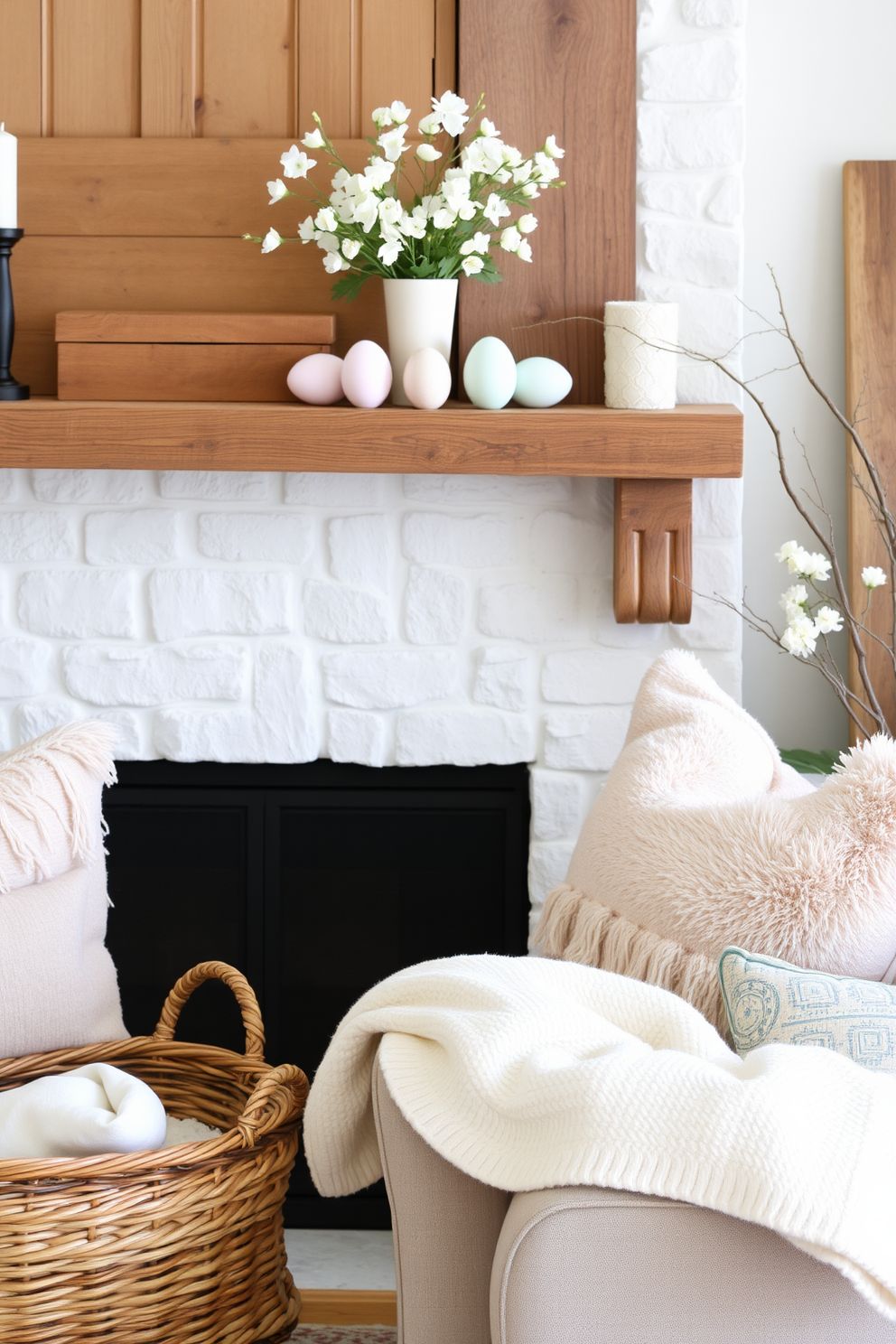 A cozy living room adorned with rustic wooden accents and soft textures. The focal point is a reclaimed wood mantel decorated with pastel-colored Easter eggs and delicate spring flowers in a vase. Fluffy throw pillows in muted tones are arranged on a comfortable sofa, inviting relaxation. A woven basket filled with soft blankets sits nearby, enhancing the warm and inviting atmosphere.