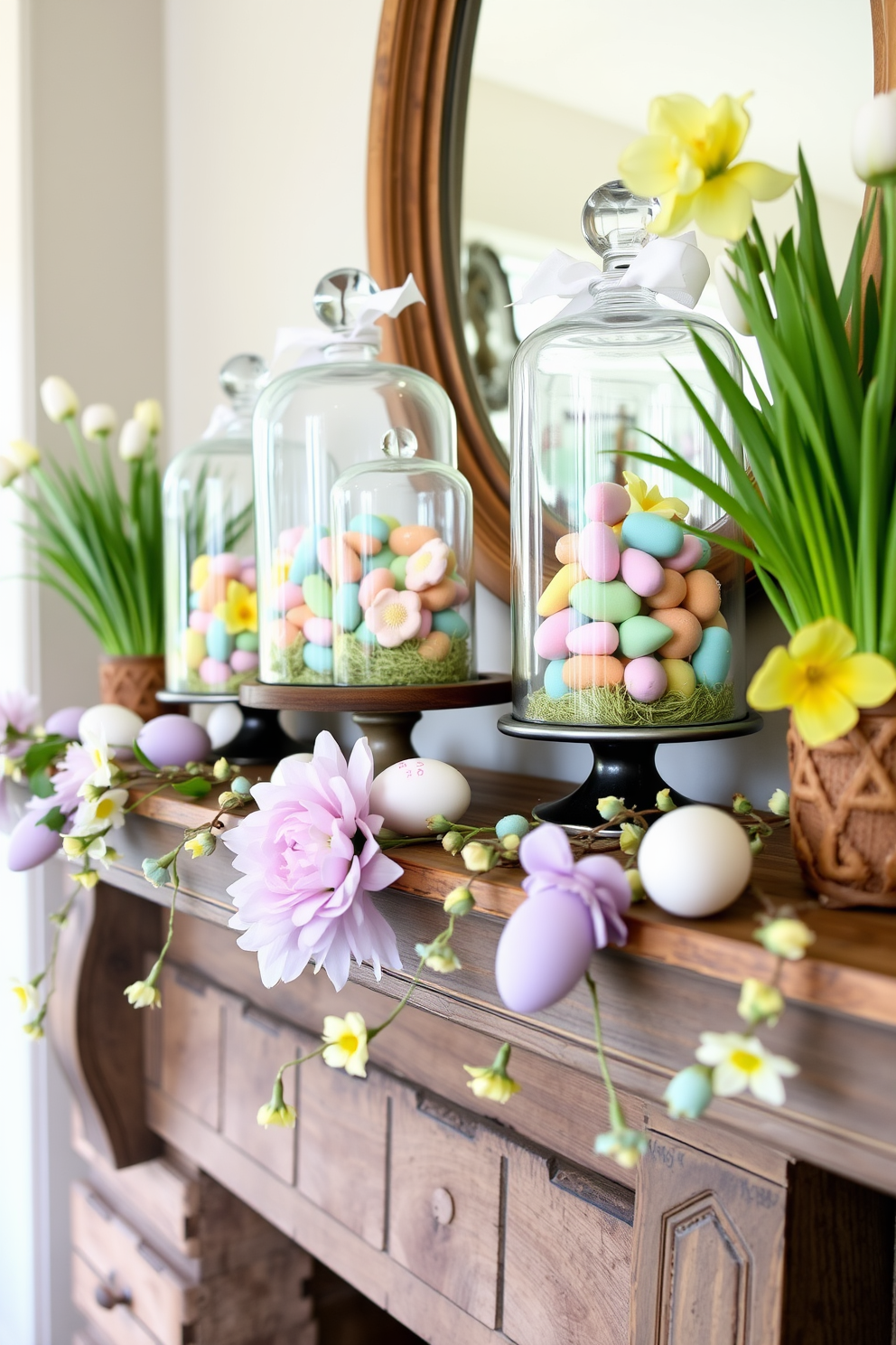 A charming mantel decorated for Easter featuring glass cloches filled with colorful Easter treats. The cloches are arranged on a rustic wooden mantel adorned with spring flowers and pastel-colored eggs.