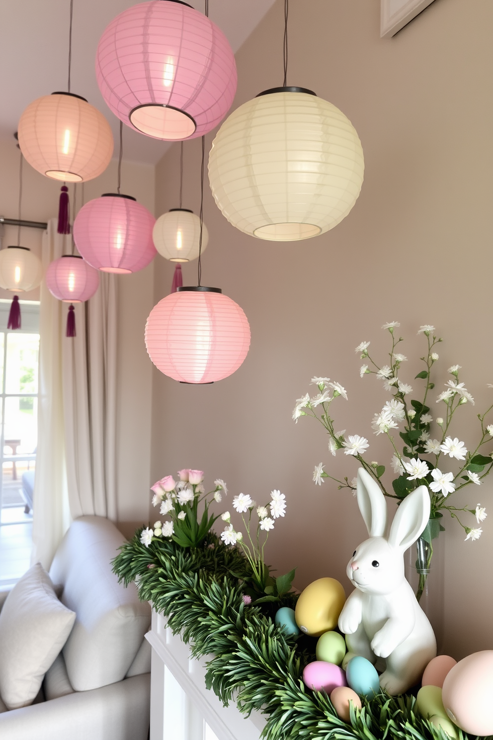 A cozy living room adorned with hanging paper lanterns that add a festive flair. The lanterns are in various sizes and colors, casting a warm glow throughout the space. A beautifully decorated mantel for Easter featuring pastel-colored eggs and delicate spring flowers. The mantel is complemented by a charming bunny figurine and a garland of greenery for an inviting touch.