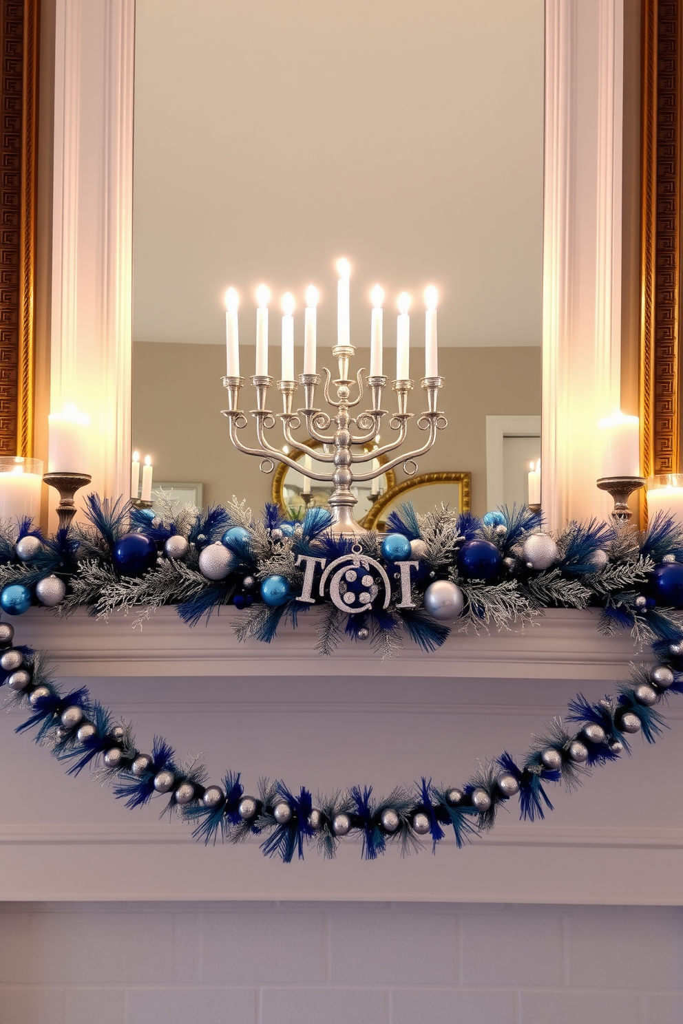 A beautifully decorated mantel for Hanukkah features a stunning menorah as the centerpiece. Surrounding the menorah, there are festive garlands of blue and silver, along with decorative candles that add warmth to the display.