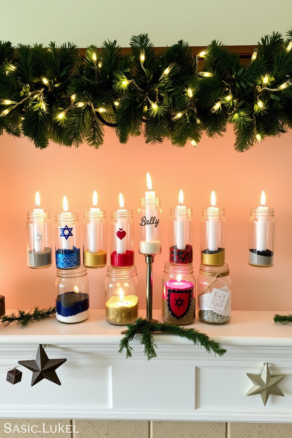 A DIY menorah made from glass jars features a variety of colorful jars filled with sand and candles. Each jar is uniquely designed with festive patterns and symbols, creating a warm and inviting atmosphere for the Hanukkah celebration. The mantel is adorned with twinkling fairy lights and garlands of greenery. Decorative elements include dreidels and stars, enhancing the festive spirit while providing a cozy focal point for the room.