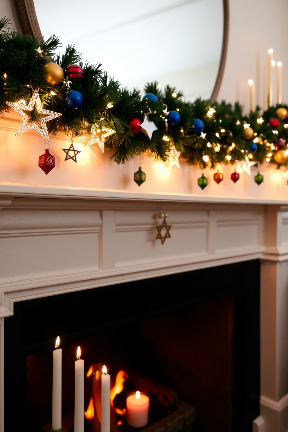 Artistic Hanukkah artwork serves as a vibrant backdrop, showcasing intricate designs and traditional symbols. The mantel is adorned with elegant decorations, including menorahs, dreidels, and festive garlands that reflect the spirit of the holiday.