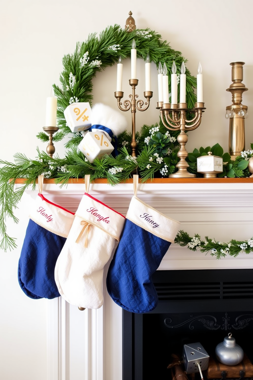 Create a cozy holiday mantel adorned with personalized stockings for each family member. The stockings are crafted from rich fabrics in festive colors, each uniquely embroidered with the name of the family member and hung in a visually appealing arrangement. Incorporate elegant Hanukkah decorations that complement the stockings. Use blue and silver accents, including a beautiful menorah, shimmering garlands, and tasteful candles to create a warm and inviting atmosphere.