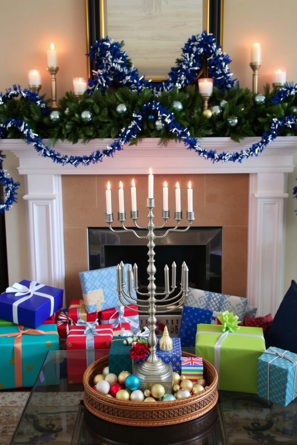 A cozy living room setting adorned for Hanukkah. The mantel is decorated with colorful wrapped gifts of various sizes, creating visual interest and a festive atmosphere. Above the mantel, blue and silver garlands are draped elegantly, complemented by flickering candles in decorative holders. A beautiful menorah takes center stage, surrounded by small ornaments that reflect the spirit of the holiday.