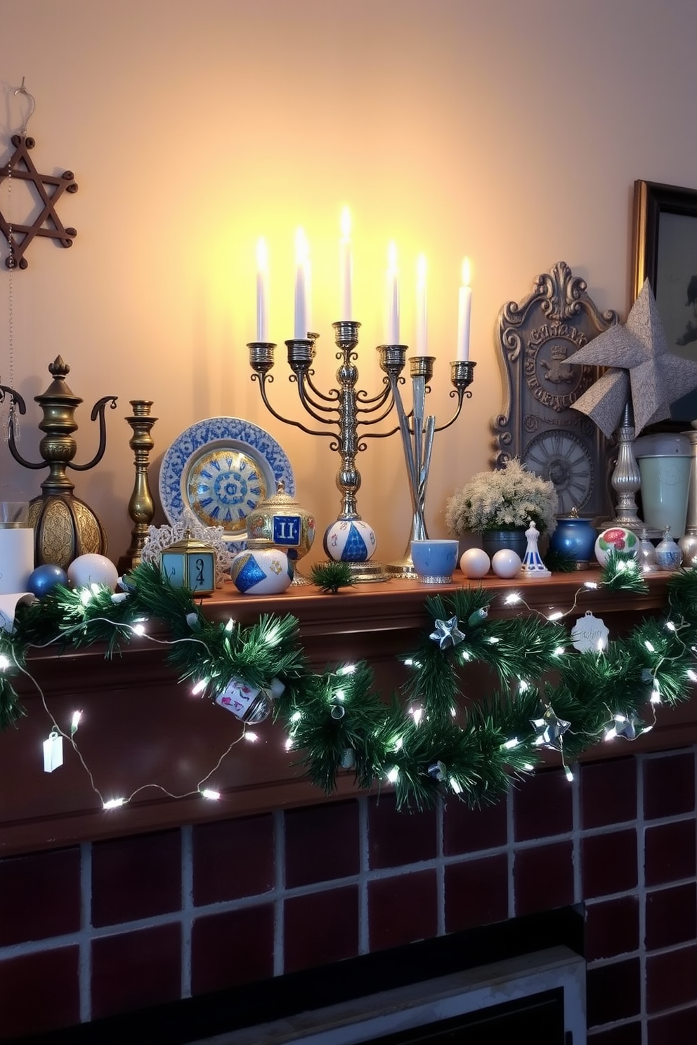 Create a whimsical mantel display for Hanukkah featuring DIY paper snowflakes. The snowflakes should be intricately cut and hung at varying heights to create a magical winter wonderland effect.