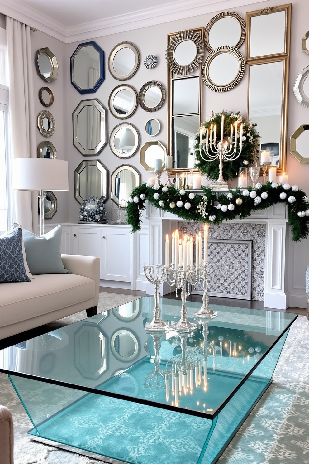 A charming miniature Hanukkah village scene is displayed on a festive mantel. The village features tiny houses adorned with blue and silver decorations, surrounded by sparkling lights and a small menorah. Colorful dreidels and gelt are scattered throughout the setup, adding a playful touch. A backdrop of shimmering fabric in shades of blue enhances the warm glow of the candles, creating a cozy atmosphere.