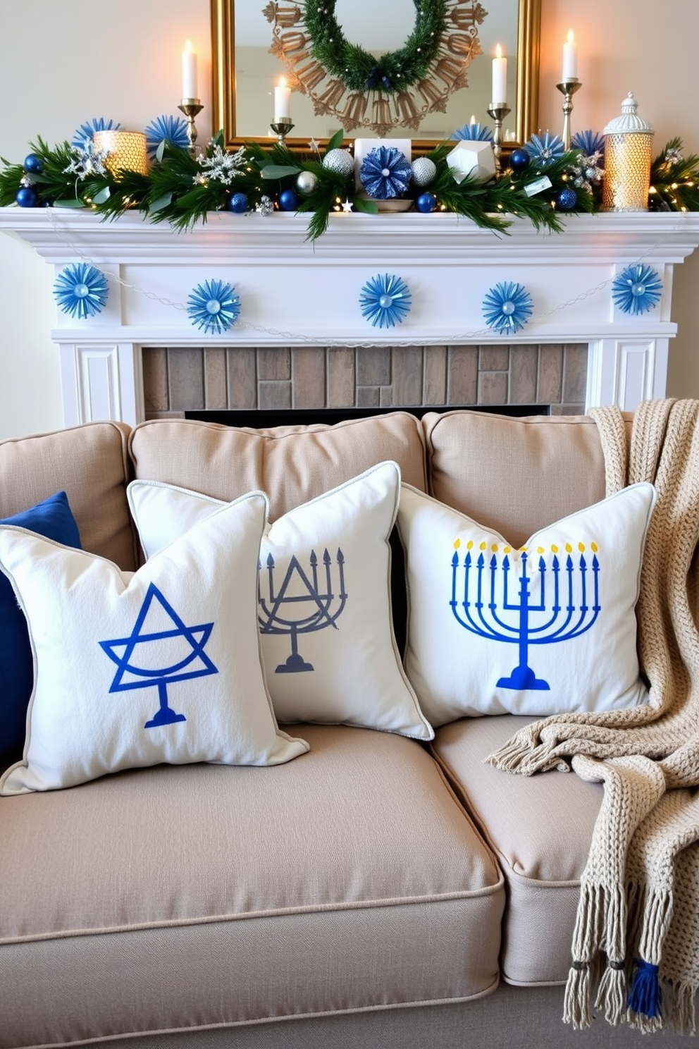 A cozy mantel adorned with candles of varying heights creates a dramatic focal point. The candles are arranged alongside festive Hanukkah decorations, including a beautiful menorah and vibrant blue and silver accents.