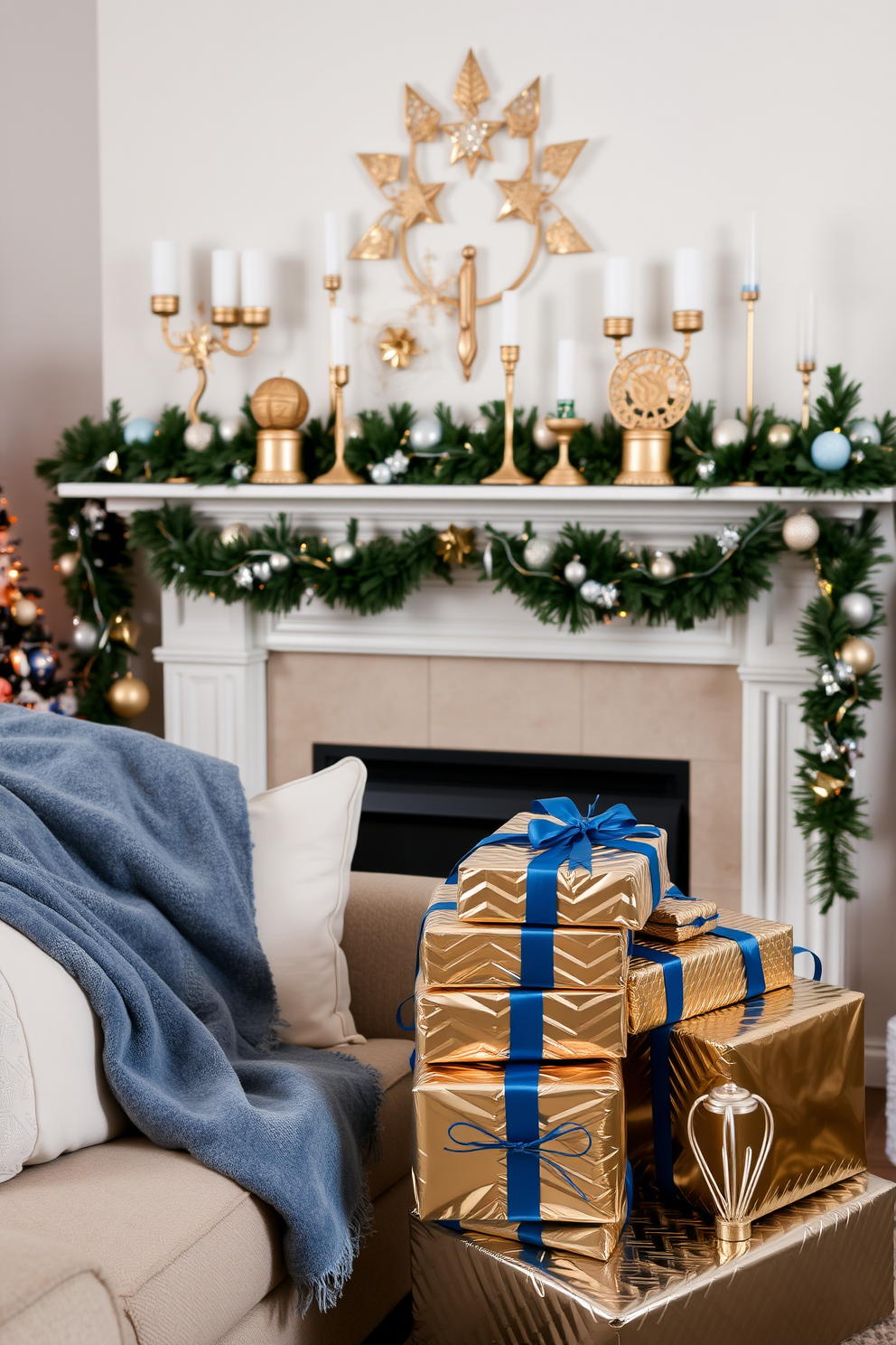 Elegant table runner featuring intricate symbols inspired by traditional Hanukkah designs. The runner is adorned with rich blue and silver tones, creating a festive atmosphere for the holiday celebration. A beautifully arranged mantel decorated with candles and seasonal greenery. Delicate ornaments and symbolic elements enhance the warmth and spirit of Hanukkah, making the space inviting and joyful.