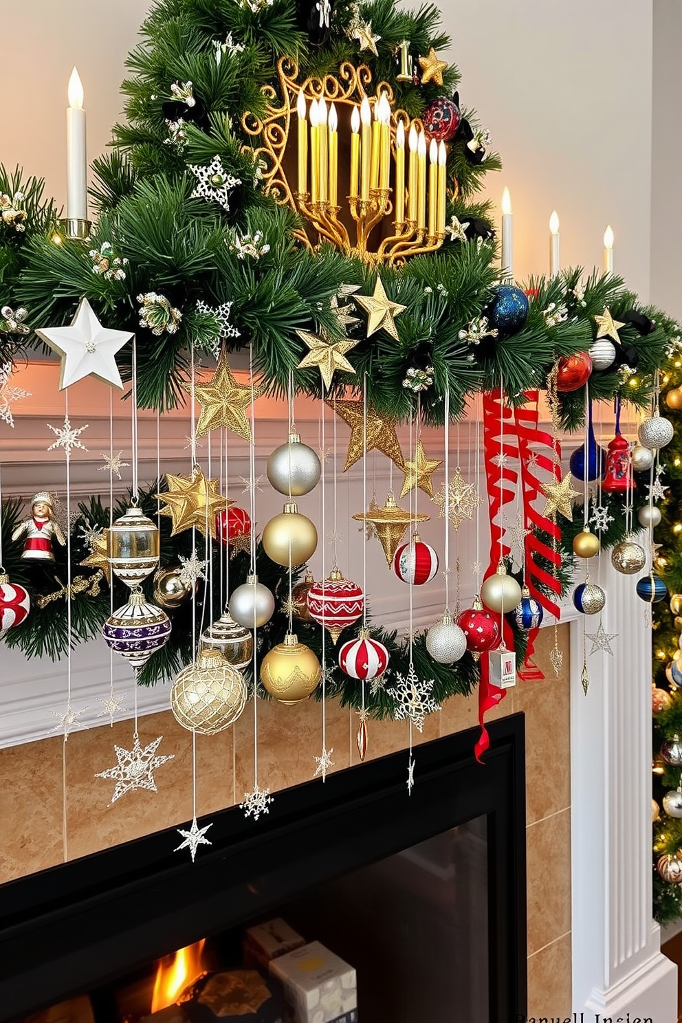 A cozy living room adorned with soft fairy lights that create a warm and inviting ambiance. The lights are draped elegantly across the mantel, enhancing the festive atmosphere. The mantel is beautifully decorated for Hanukkah, featuring a stunning menorah at the center. Surrounding the menorah are blue and silver ornaments, along with a few decorative dreidels and a garland of greenery.