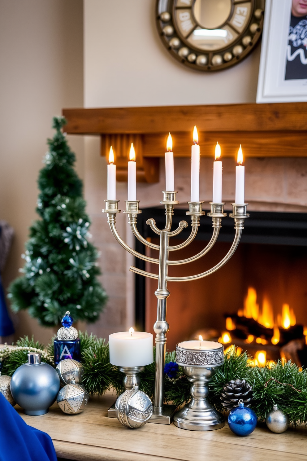 Create an elegant living room setting that incorporates traditional Jewish symbols for Hanukkah. The mantel is adorned with a beautiful menorah, surrounded by decorative dreidels and festive blue and silver accents. The backdrop features a warm fireplace with a rustic wooden mantel. Soft, ambient lighting highlights the symbols, creating a cozy and inviting atmosphere for family gatherings during the holiday season.