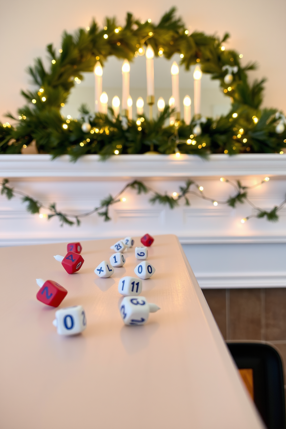 A cozy mantel adorned for Hanukkah. Dreidels are scattered among glowing candles, creating a warm and inviting atmosphere.