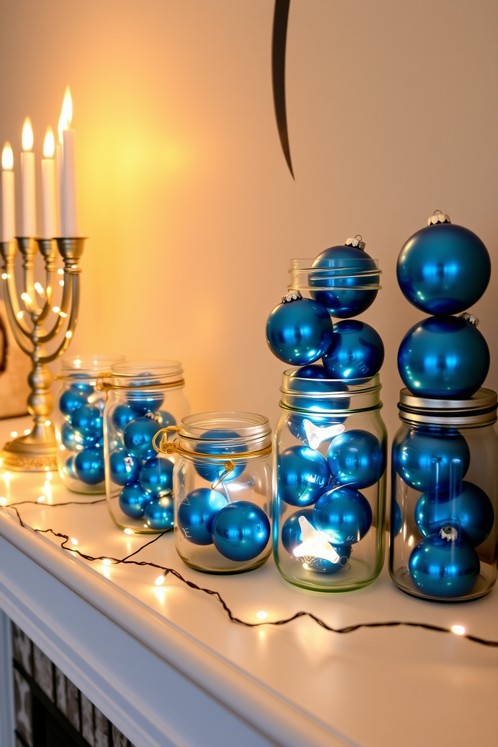 A cozy mantel decorated for Hanukkah features an array of mason jars filled with vibrant blue ornaments. The jars are artfully arranged alongside twinkling fairy lights and traditional menorah, creating a festive atmosphere.