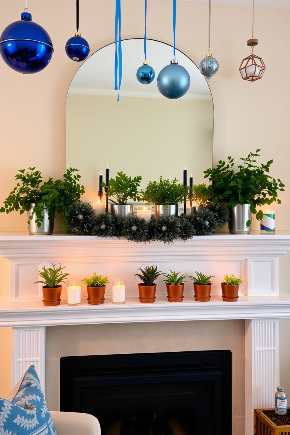 A cozy living room setting adorned for Hanukkah. The mantel is decorated with layered books featuring festive covers, creating a warm and inviting atmosphere. Soft blue and silver accents complement the decor, with twinkling lights draped across the mantel. A menorah stands proudly at the center, surrounded by holiday-themed ornaments and candles.