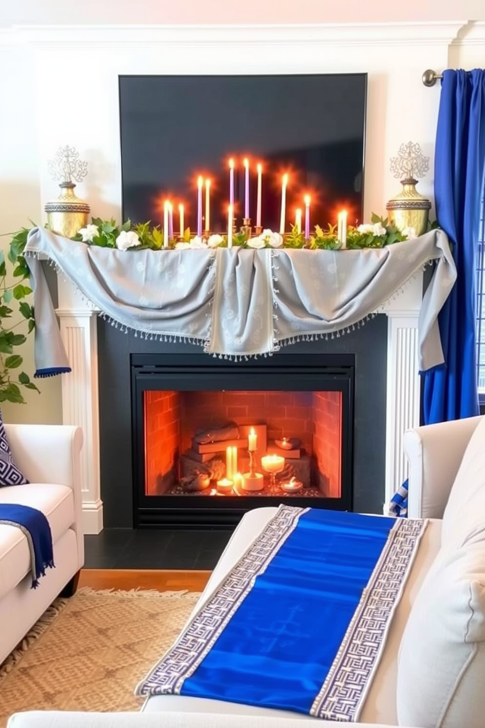 A cozy living room setting adorned with fabric runners in festive colors draped across the mantel. The runners feature vibrant hues of blue, silver, and white, complementing the warm glow of candles placed strategically along the mantel for a festive Hanukkah celebration.