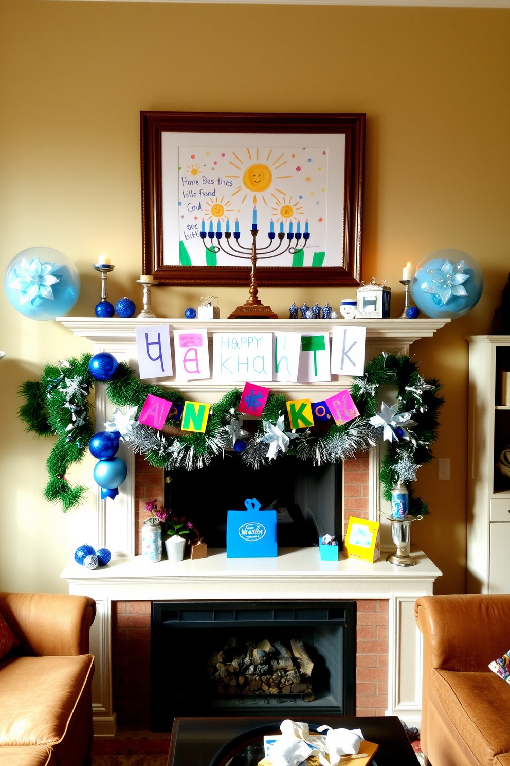 A cozy living room setting featuring a fireplace mantel adorned with colorful children's artwork and crafts. The mantel is decorated with festive Hanukkah decorations, including blue and silver ornaments, a menorah, and a cheerful garland. Above the mantel, a large framed piece of children's art adds a personal touch to the space. The room is filled with warm lighting and comfortable seating, creating a welcoming atmosphere for family gatherings during the holiday season.