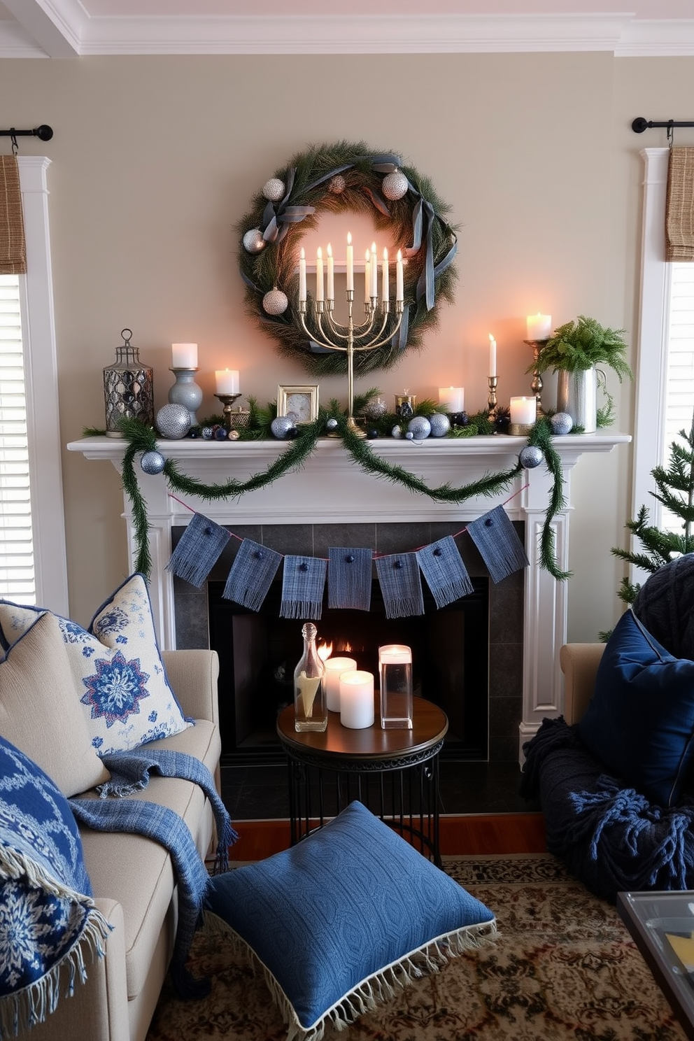 A cozy living room featuring a stylish mantel adorned with festive Hanukkah decorations. The shelves on either side of the mantel are creatively styled with blue and silver accents, including menorahs and decorative dreidels.