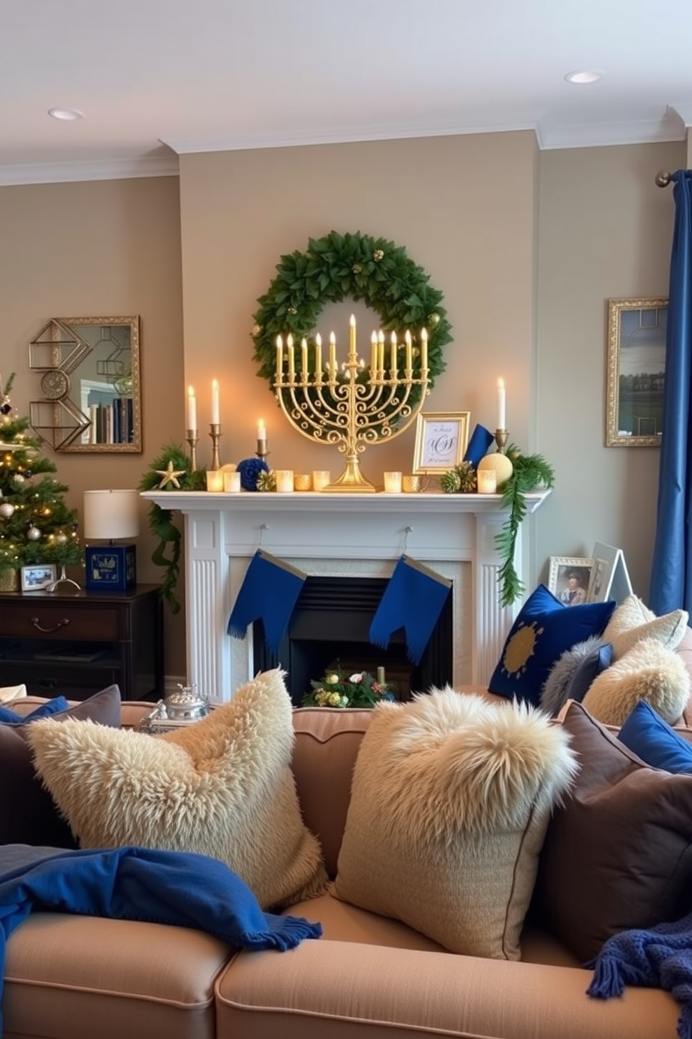 A beautiful display of ceramic dishes featuring an array of traditional foods beautifully arranged on a rustic wooden table. The vibrant colors of the dishes contrast with the warm tones of the table, creating an inviting atmosphere for festive gatherings. A stylish mantel decorated for Hanukkah with elegant blue and silver accents. The display includes menorahs, dreidels, and festive garlands, all harmoniously arranged to capture the spirit of the holiday.