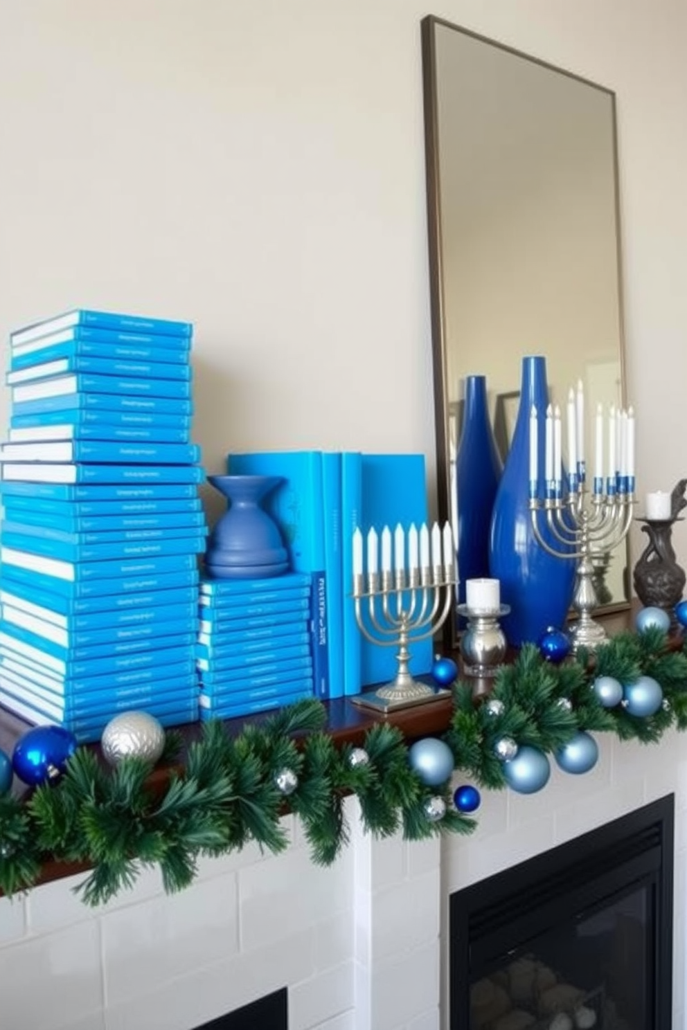 Artfully arranged books with blue covers create a visually striking display on a modern wooden shelf. The books are stacked both horizontally and vertically, with some leaning against decorative objects like vases and sculptures. The mantel is elegantly decorated for Hanukkah, featuring a beautiful menorah as the centerpiece. Surrounding the menorah are candles, blue and silver ornaments, and a festive garland that adds warmth and charm to the setting.