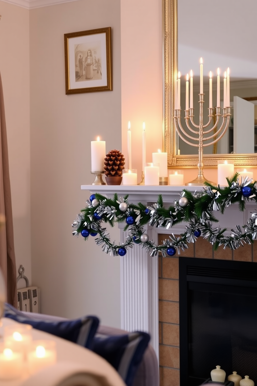 A cozy living room setting featuring a beautifully decorated mantel adorned with layered candles of varying heights. The soft glow of the candles creates a warm ambiance, complemented by festive Hanukkah decorations such as blue and silver garlands and a menorah elegantly displayed on the mantel.