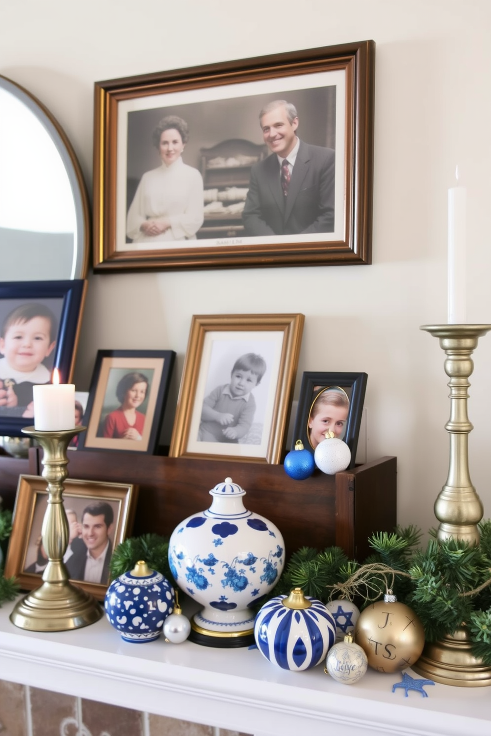 Create a cozy mantel display for Hanukkah that incorporates personal heirlooms and cherished memories. Use a mix of traditional blue and white decorations alongside family photos and meaningful ornaments to evoke warmth and nostalgia.