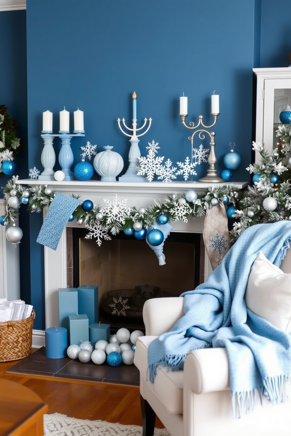 A cozy living room adorned with blue and white themed decorations. The mantel is elegantly decorated with a collection of blue and white ceramic menorahs and festive ornaments. Soft blue candles are arranged on the mantel alongside delicate white snowflakes and shimmering silver garlands. A warm throw blanket in a complementary blue hue drapes over the nearby armchair, inviting comfort and holiday cheer.