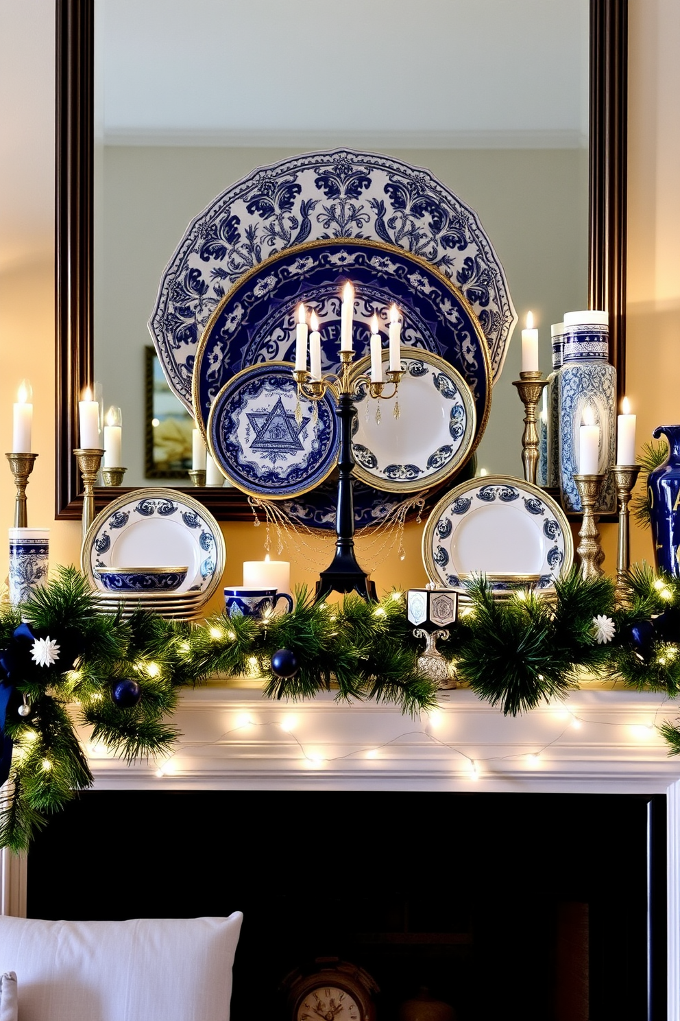 Elegant tableware displayed on the mantel creates a refined atmosphere perfect for festive gatherings. The tableware features intricate patterns and rich colors, beautifully arranged to complement the seasonal decor. For Hanukkah decorating ideas, the mantel is adorned with blue and silver accents, including menorahs and dreidels. Soft white lights twinkle around the display, enhancing the warmth and joy of the holiday season.