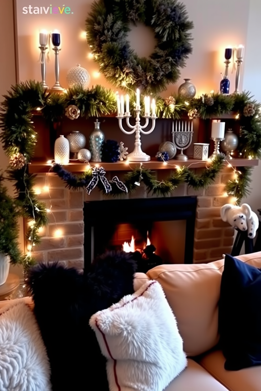 A cozy living room adorned for Hanukkah. String lights drape elegantly along the mantel, casting a warm and festive glow over the space. The mantel is decorated with blue and silver accents, featuring menorahs and decorative dreidels. Plush pillows in rich hues complement the festive atmosphere, inviting family gatherings and celebrations.