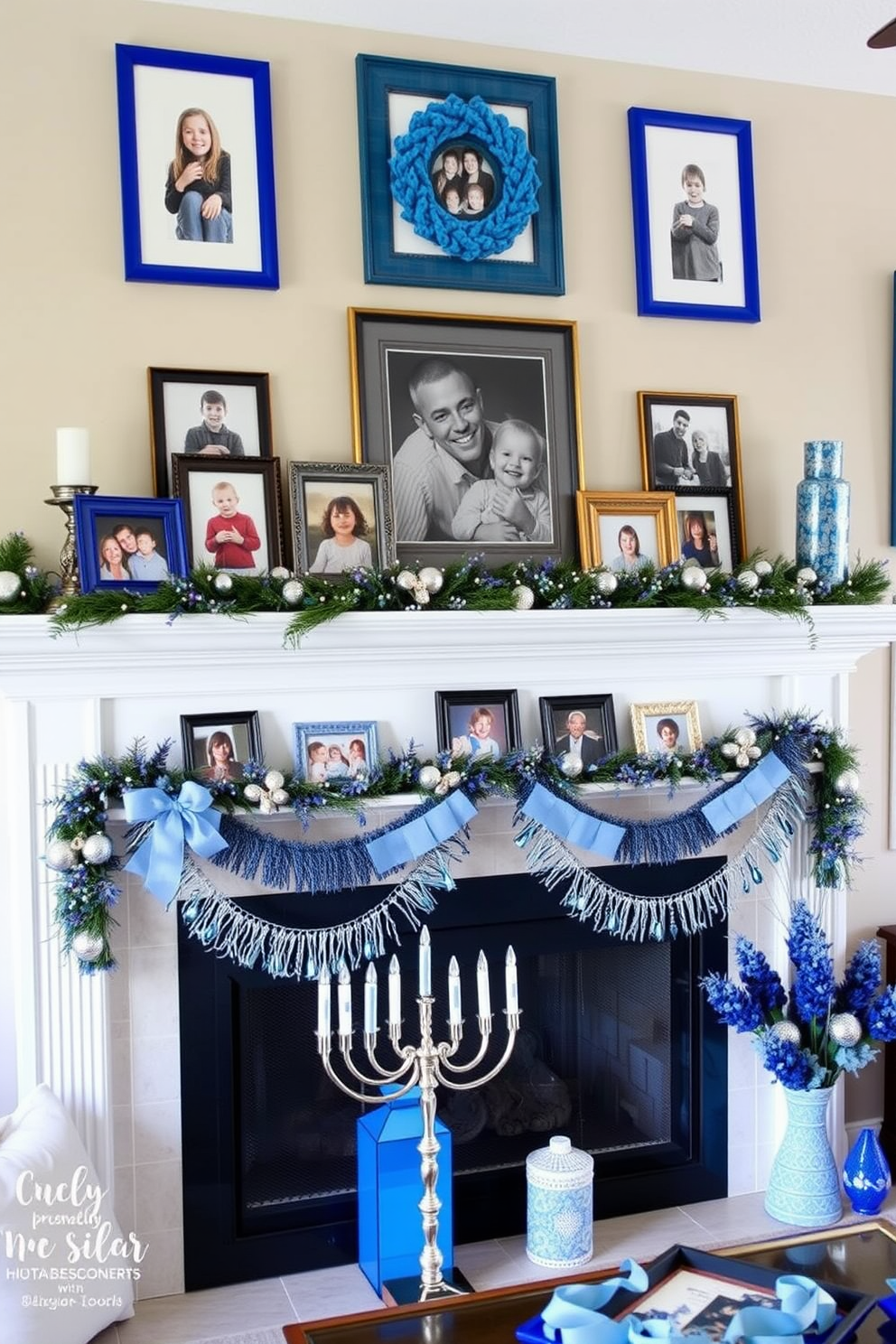 A cozy living room setting featuring a mantel adorned with framed family photos in blue frames. The mantel is decorated with festive Hanukkah decorations, including a menorah and blue and silver accents that create a warm and inviting atmosphere.