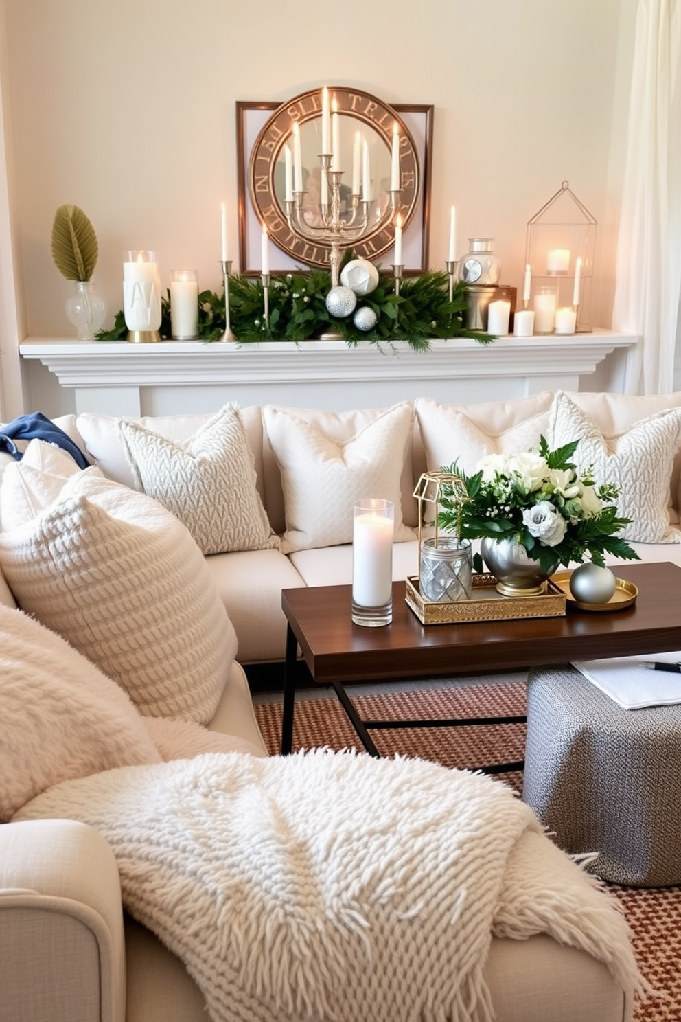 Layered textures with soft fabrics create a cozy and inviting living space. Plush cushions and throws are draped over a deep-seated sofa, while a woven rug adds warmth underfoot. Mantel Hanukkah decorating ideas feature a beautiful arrangement of menorahs and decorative dreidels. Soft blue and silver accents complement the warm glow of candlelight, creating a festive atmosphere.