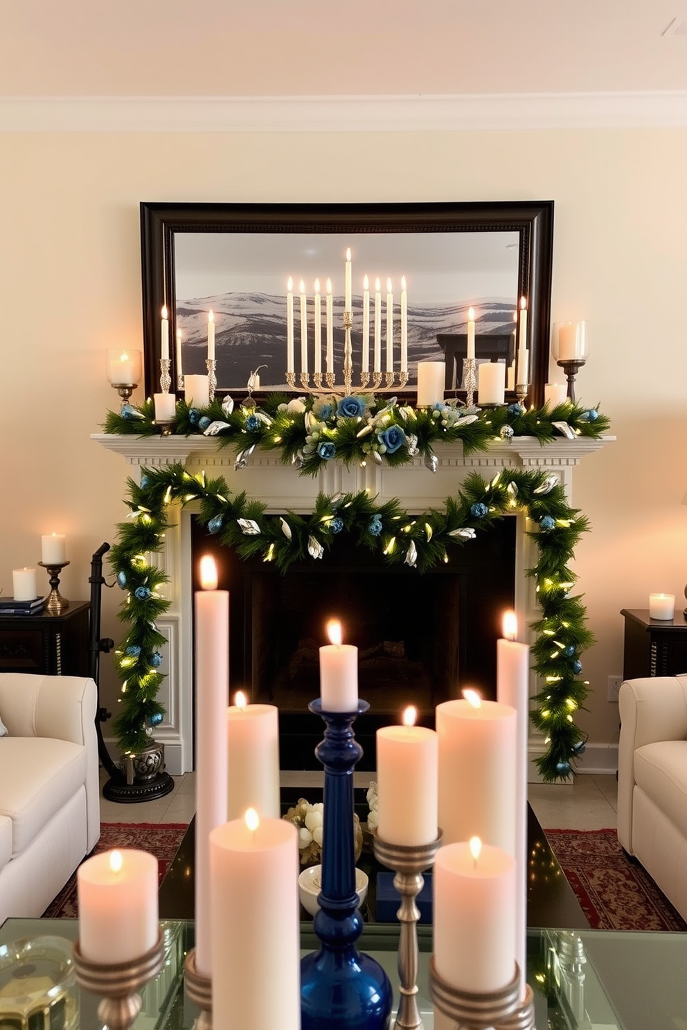 A cozy mantel adorned with handmade Hanukkah crafts. Colorful dreidels and paper menorahs are artfully arranged alongside twinkling fairy lights and evergreen garlands. The backdrop features a soft blue wall that enhances the festive atmosphere. A collection of family photos in decorative frames adds a personal touch to the display.