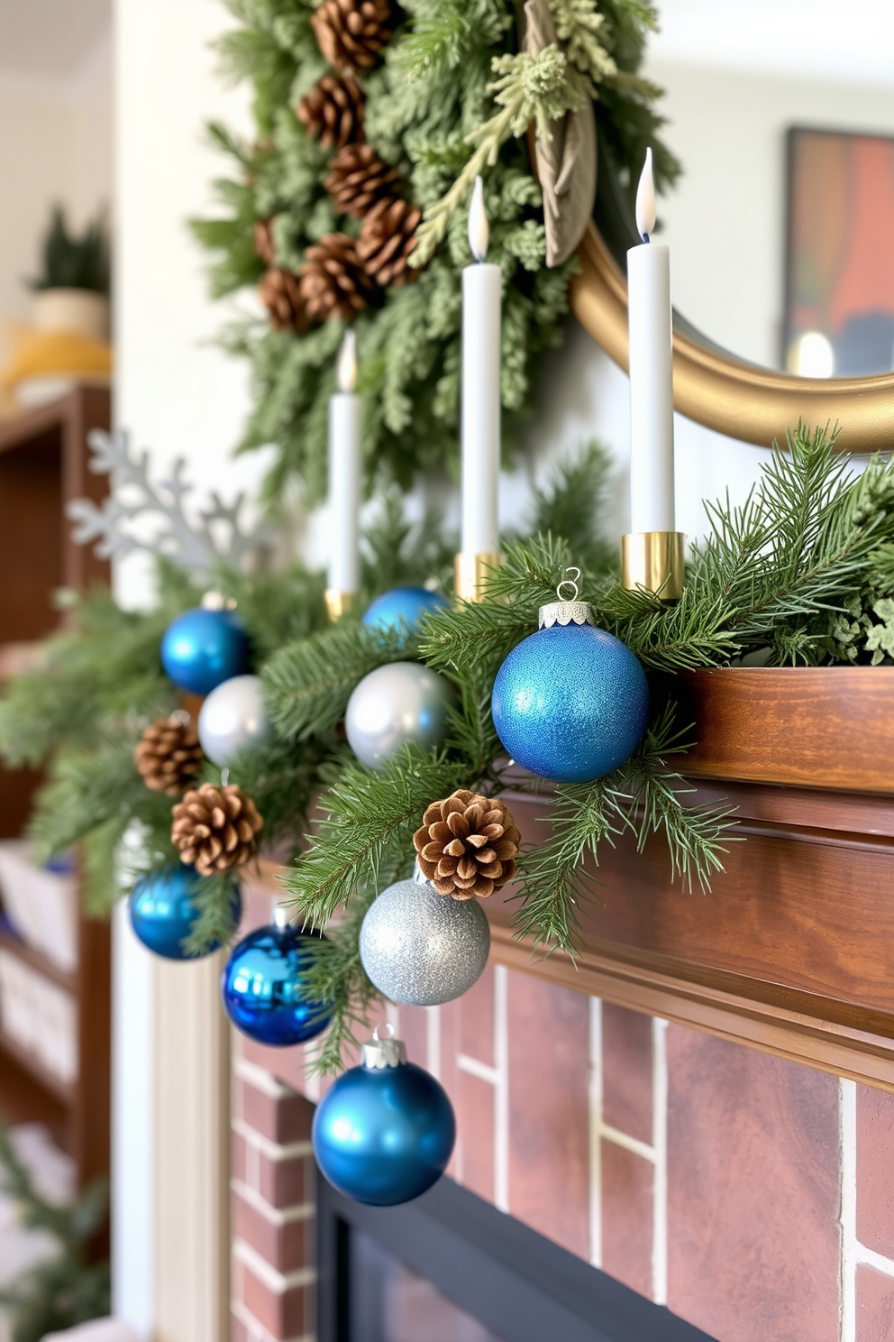 A cozy living room adorned with fresh greenery for a natural touch. Lush plants are placed strategically around the room, creating a vibrant and inviting atmosphere. The mantel is elegantly decorated for Hanukkah, featuring a beautiful menorah at the center. Surrounding the menorah are decorative blue and silver accents, along with candles that add a warm glow to the space.