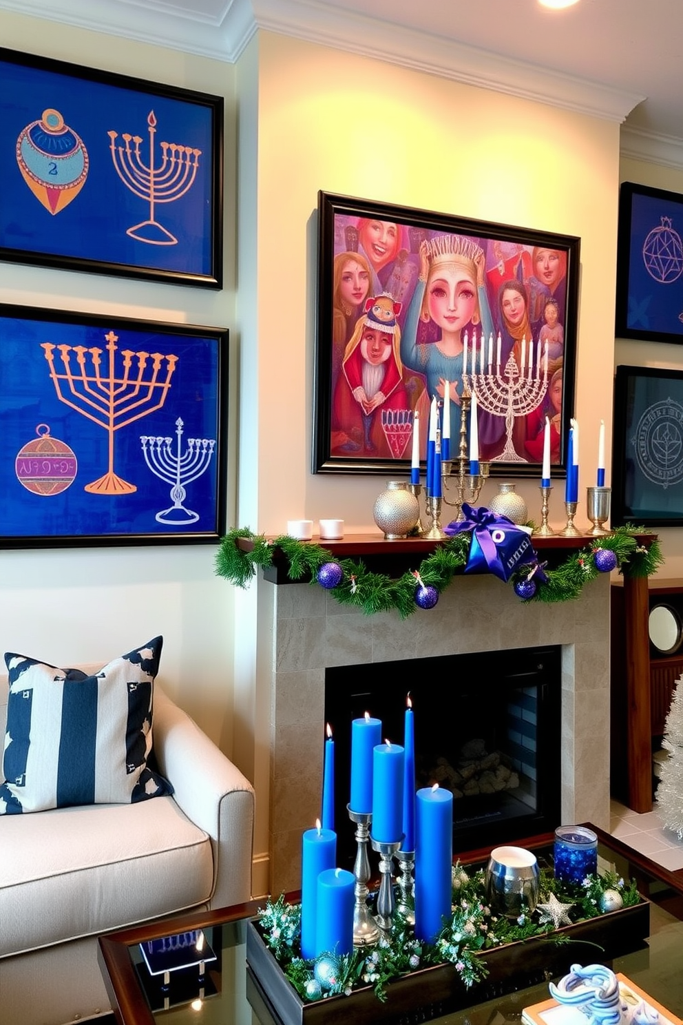 A cozy living room featuring Hanukkah themed artwork displayed on the walls. The artwork includes vibrant prints of menorahs and dreidels, adding a festive touch to the space. On the mantel, decorative elements celebrate the holiday spirit. A collection of blue and silver candles, along with a beautiful menorah, create an inviting focal point for the room.