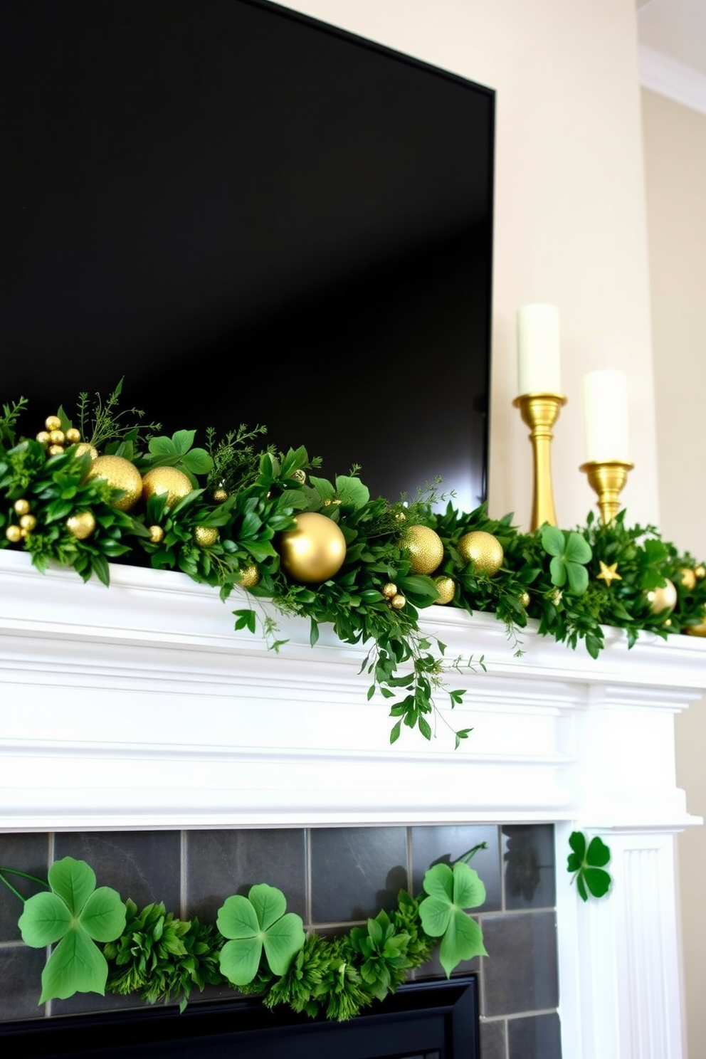 A vibrant green garland adorned with elegant gold accents drapes gracefully across the mantel. The arrangement features delicate shamrocks interspersed with shimmering gold elements, creating a festive atmosphere for St. Patrick's Day celebrations.