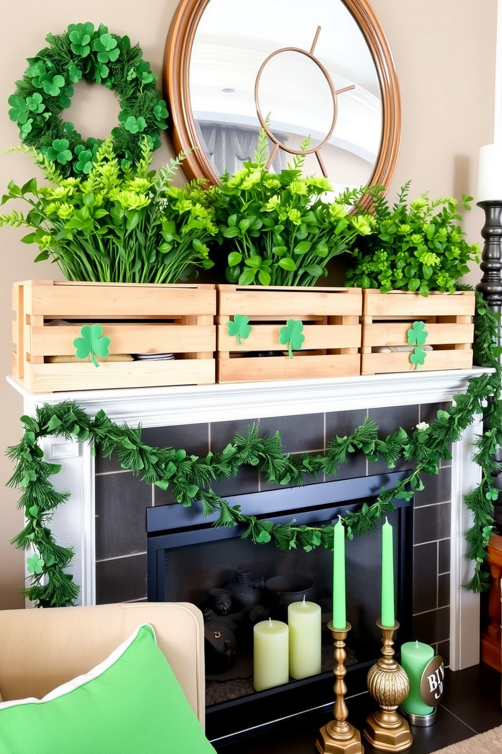 A cozy living room scene featuring wooden crates filled with vibrant greenery. The crates are arranged on the mantel, adorned with festive St. Patrick's Day decorations like shamrock garlands and green candles.