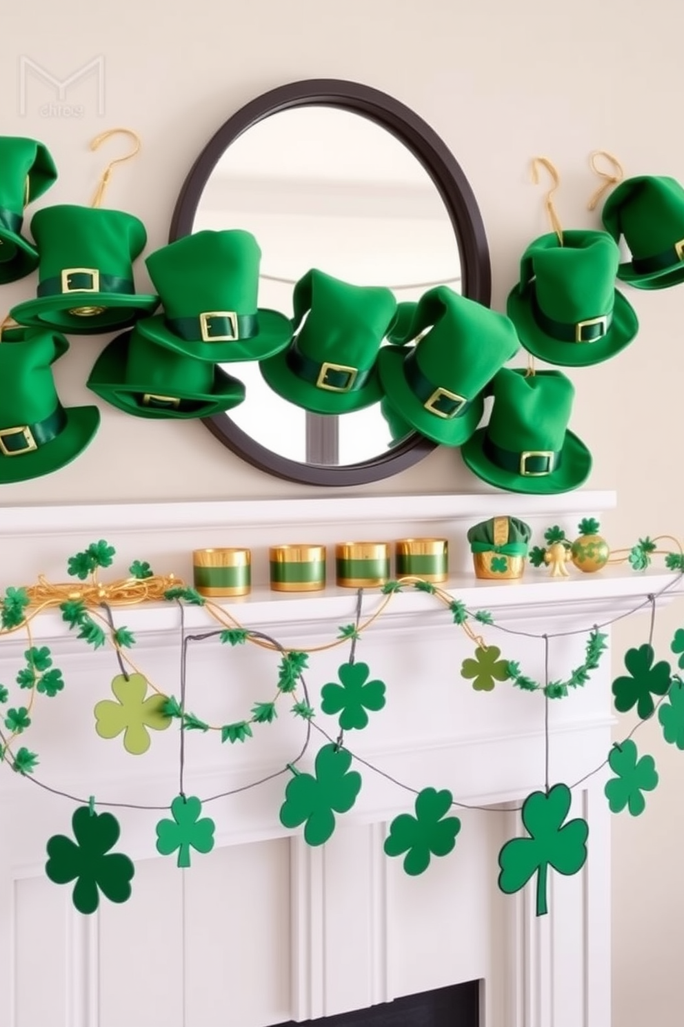 A charming mantel adorned for St. Patrick's Day features an array of hanging leprechaun hats in vibrant green and gold. The hats are playfully draped along the mantel, complemented by small pots of gold and whimsical shamrock decorations.