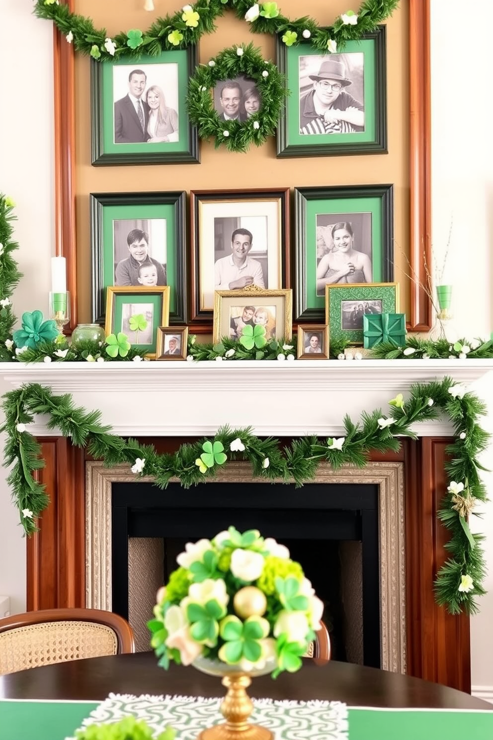 Framed family photos with green frames are displayed on a wooden mantel, creating a warm and inviting atmosphere. The mantel is adorned with seasonal decorations, including shamrocks and gold accents for a festive St. Patrick's Day touch. For St. Patrick's Day decorating ideas, the space features a vibrant green color palette complemented by touches of white and gold. Festive garlands and themed centerpieces enhance the charm of the room, making it perfect for celebrating the holiday.