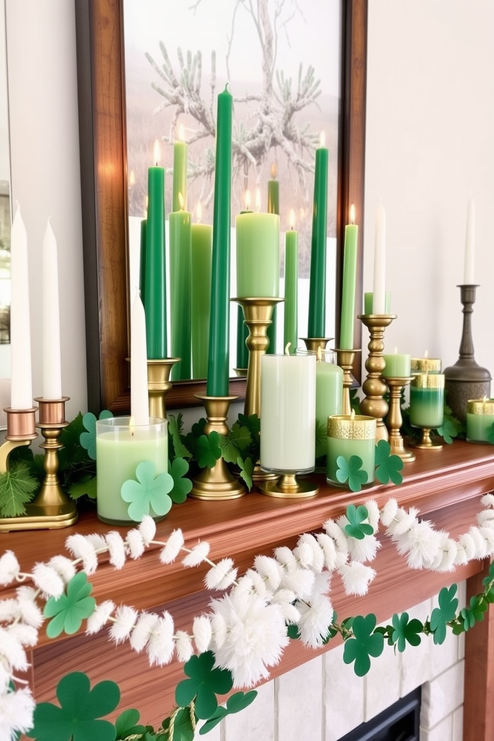 A cozy mantel decorated for St. Patrick's Day with clusters of green and gold candles in various heights. The candles are arranged on a wooden surface adorned with shamrock accents and soft white garlands.