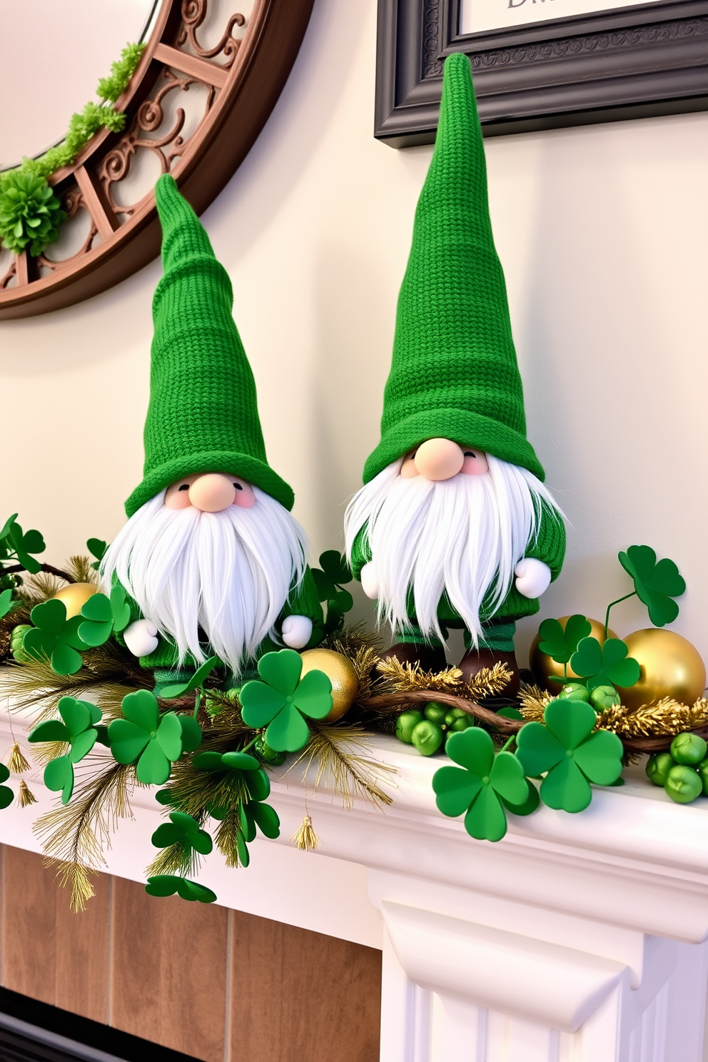 A charming mantel display featuring whimsical gnome figurines dressed in festive green attire. The gnomes are surrounded by decorative shamrocks and gold accents, creating a cheerful St. Patrick's Day ambiance.