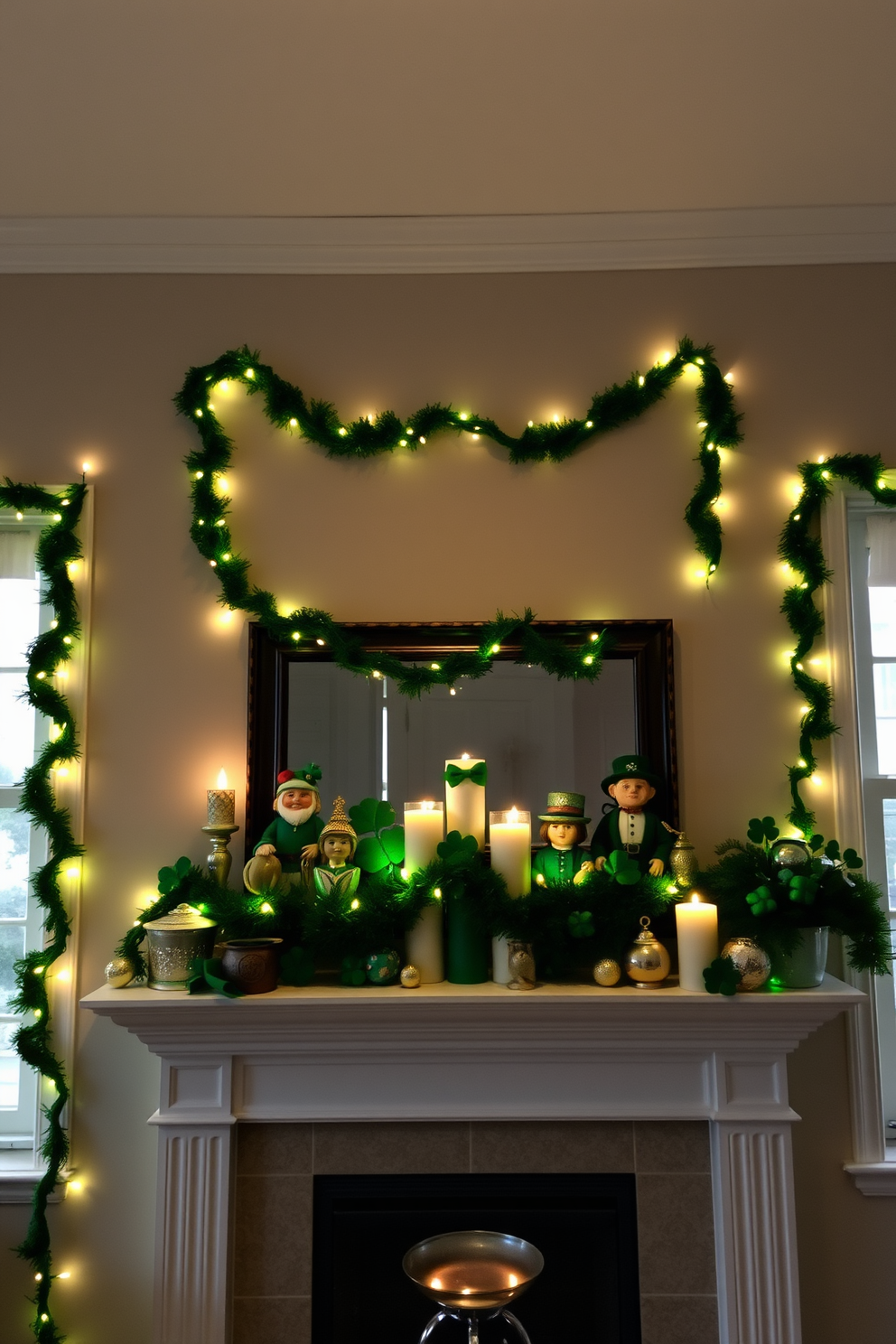 A cozy living room adorned with whimsical fairy lights that twinkle softly overhead. The lights are draped artfully along the walls and around the window frames, creating a warm and inviting atmosphere. A charming mantel decorated for St. Patrick's Day with vibrant green garlands and gold accents. A collection of festive ornaments, including shamrocks and leprechauns, are arranged thoughtfully along the mantelpiece, complemented by flickering candles.