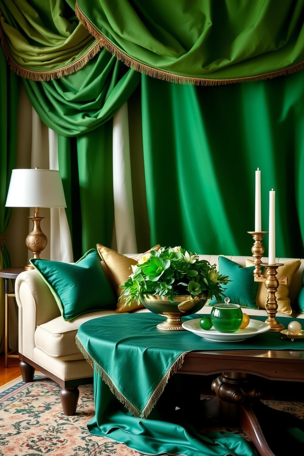 Layered fabrics in green and gold create a luxurious and inviting atmosphere. The rich textures and colors blend seamlessly to enhance the warmth of the space. For St. Patrick's Day decorating ideas, incorporate festive elements like shamrock-patterned cushions and gold accents. A beautifully arranged table centerpiece featuring green and gold decor will bring a celebratory touch to your home.