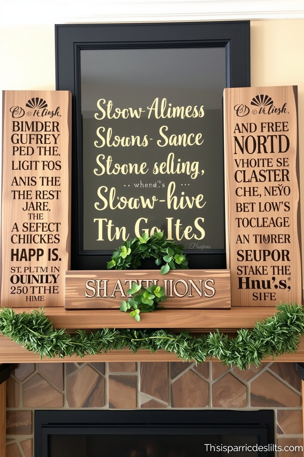 Rustic wooden signs adorned with traditional Irish sayings are placed strategically around the mantel. The signs feature intricate carvings and a weathered finish, enhancing the cozy atmosphere of St. Patrick's Day decorations.