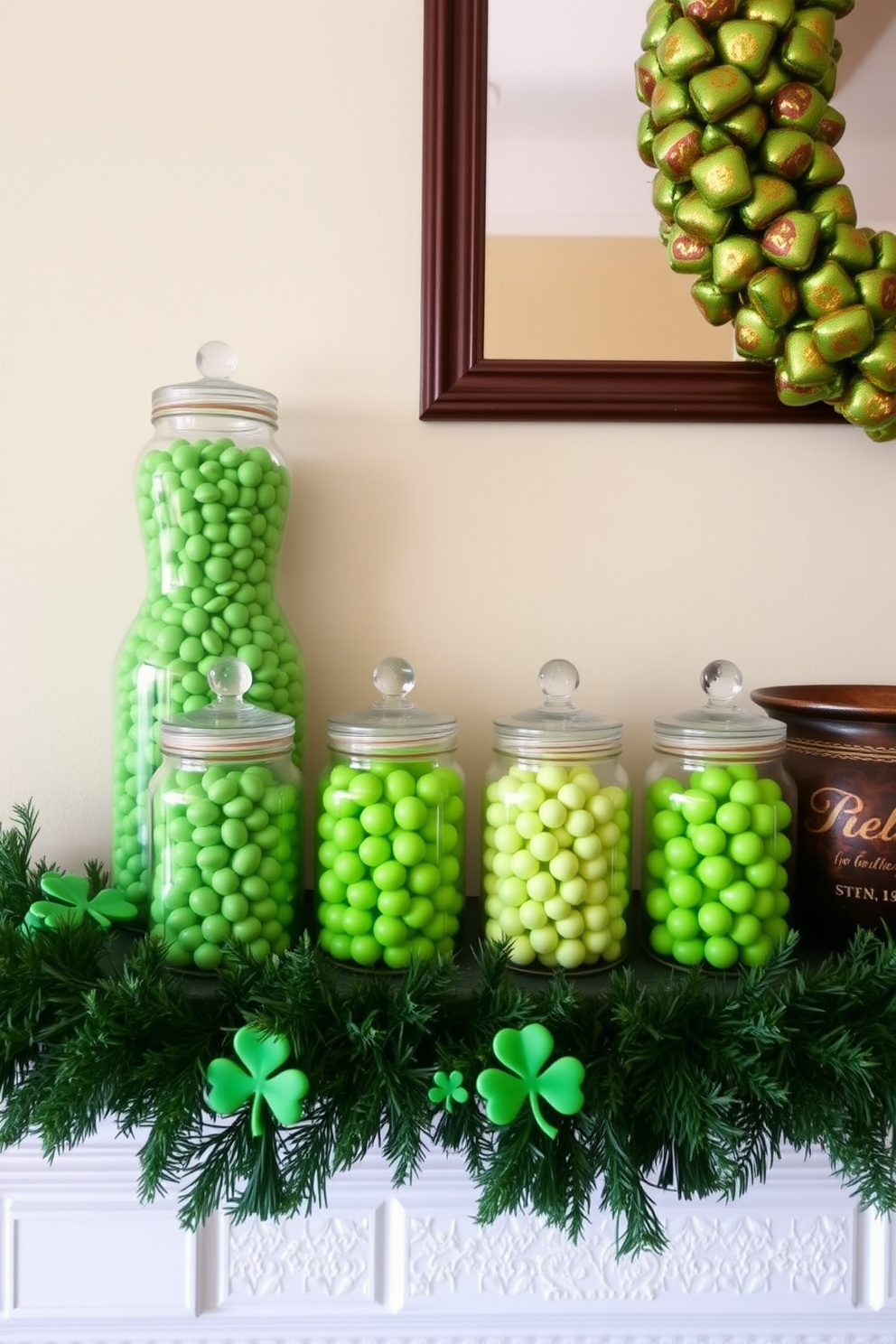 A charming mantel decorated for St. Patrick's Day features an array of glass jars filled with vibrant green candies. The jars are artfully arranged alongside festive greenery and small decorative shamrocks, creating a cheerful and inviting atmosphere.