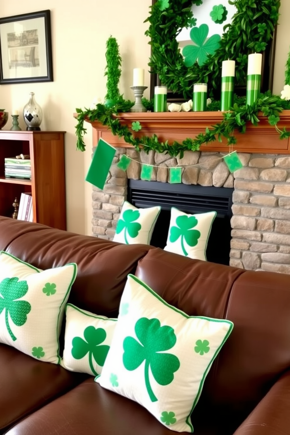 A cozy living room setting adorned with seasonal throw pillows featuring shamrocks in various shades of green. The mantel is decorated with festive St. Patrick's Day accents, including a garland of shamrocks and candles in green holders.